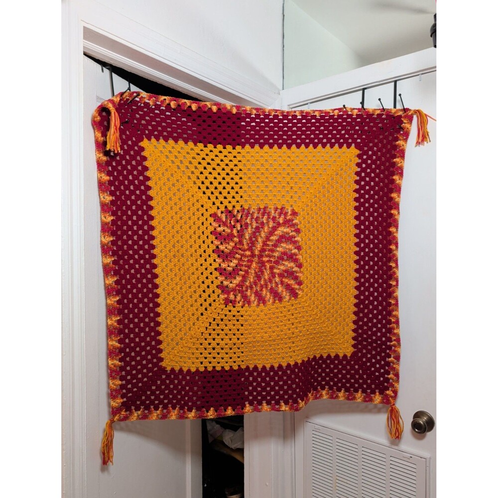Handmade Crochet Throw Blanket 48x48 Burgundy Mustard Orange Boho Granny Knit